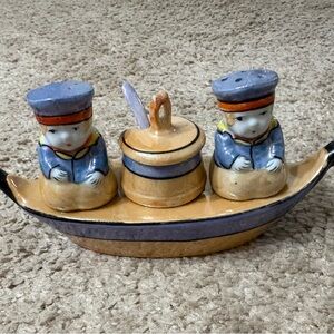 Art Deco Lusterware Salt and Pepper Shakers with Boat Tray